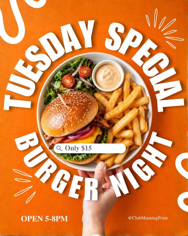 Featured image for “Tuesday Burger Night at Club Manning Point for $15”